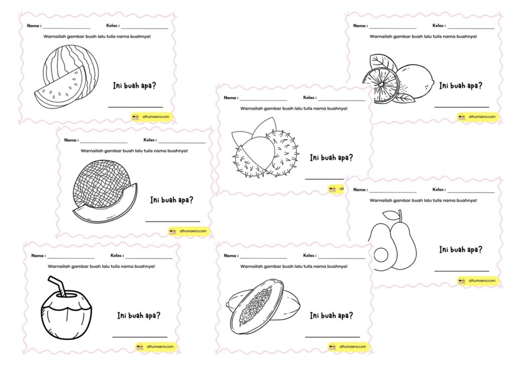 Lembar kerja mewarnai gambar buah-buahan